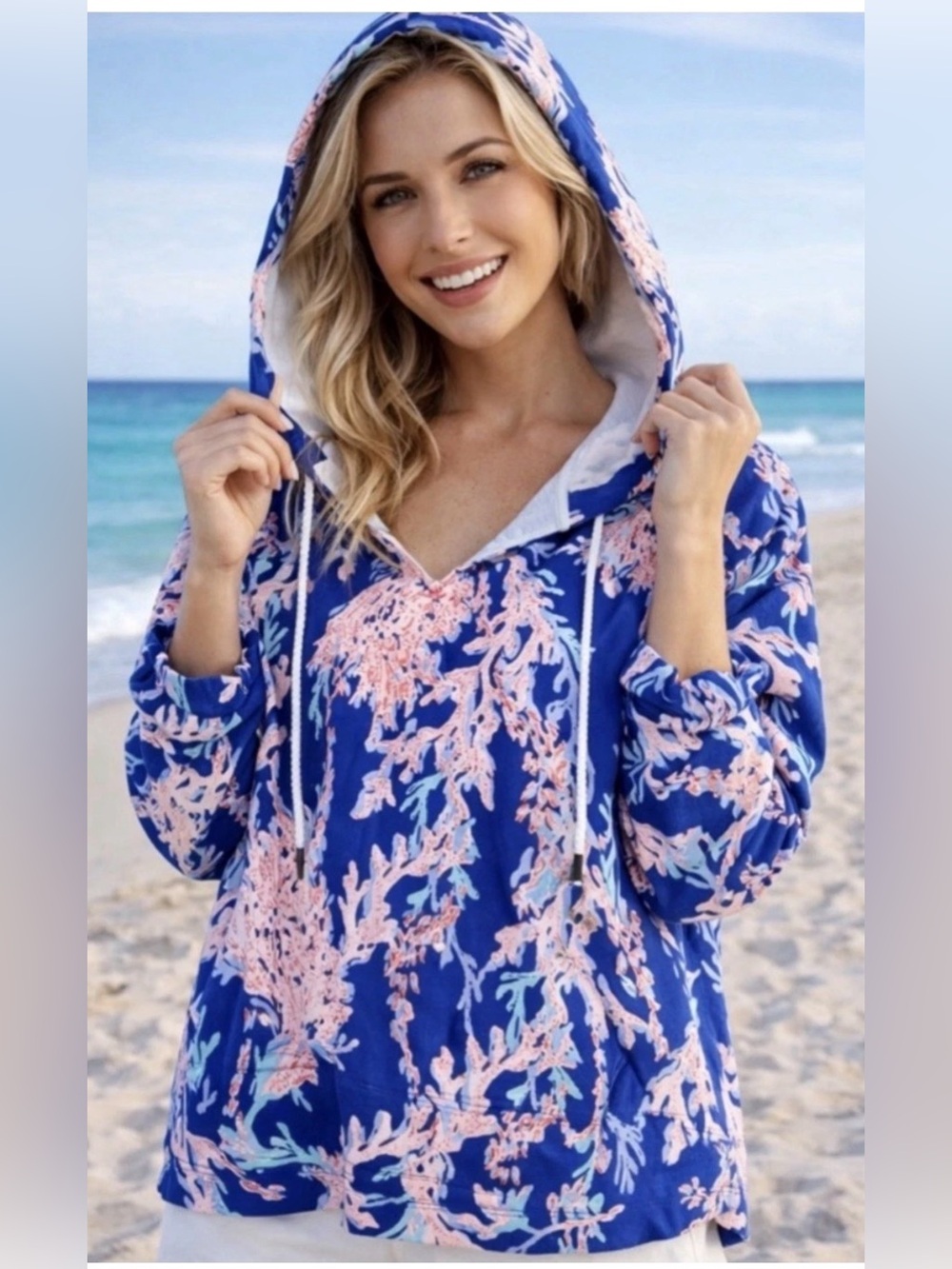 Lilly Pulitzer Kiawah hoodie popover “swim on Over”vibrant blue and pink coral